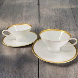 Rosenthal Germany 3680 White Gold Band Black Lines Tea Cup And Saucer Set 2 VTG